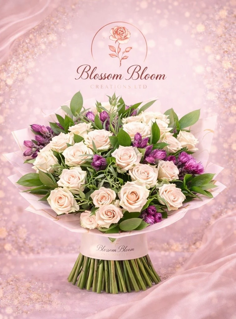 🌸 Ivory Rose &amp; Amethyst Bloom Bouquet - Image 3