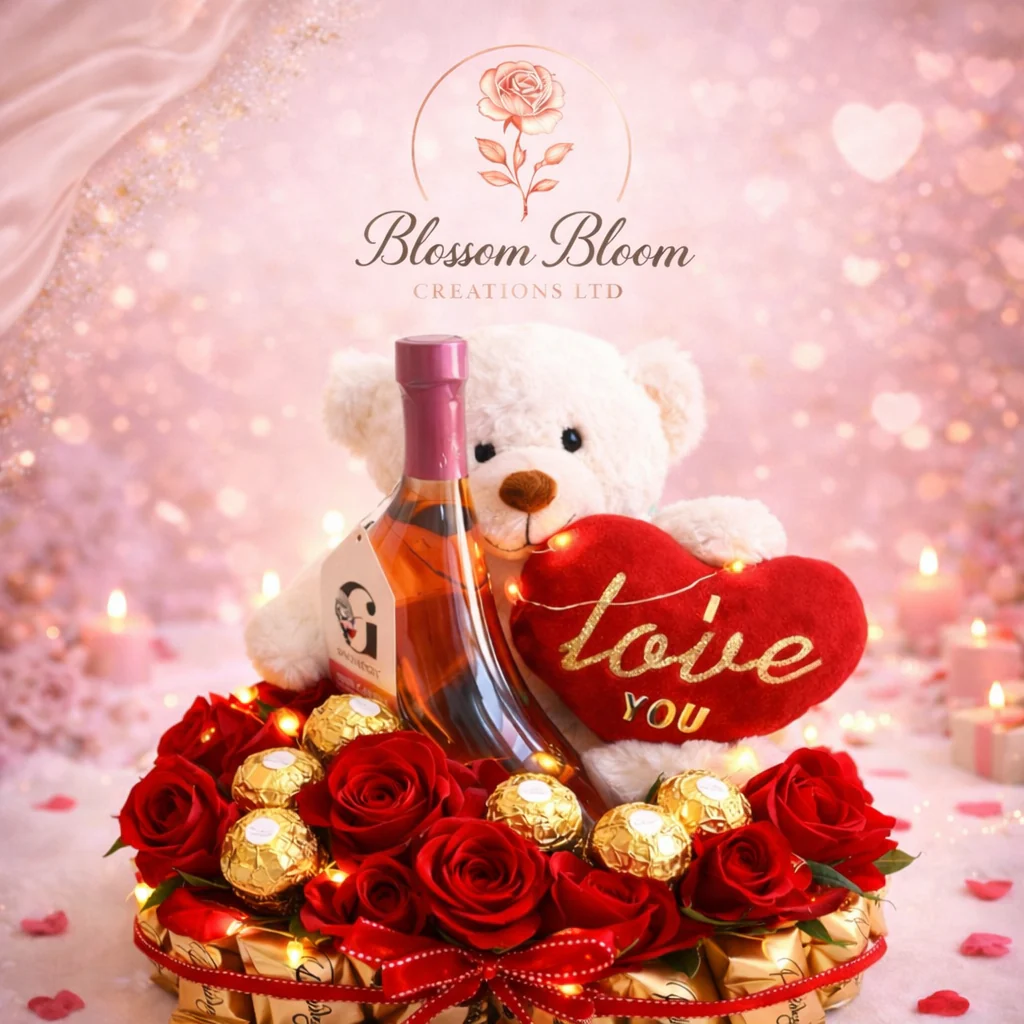 Eternal Love Luxury Valentine’s Gift Set – Roses, Teddy And Pink Glass Gin Cherry Shoe - Image 3
