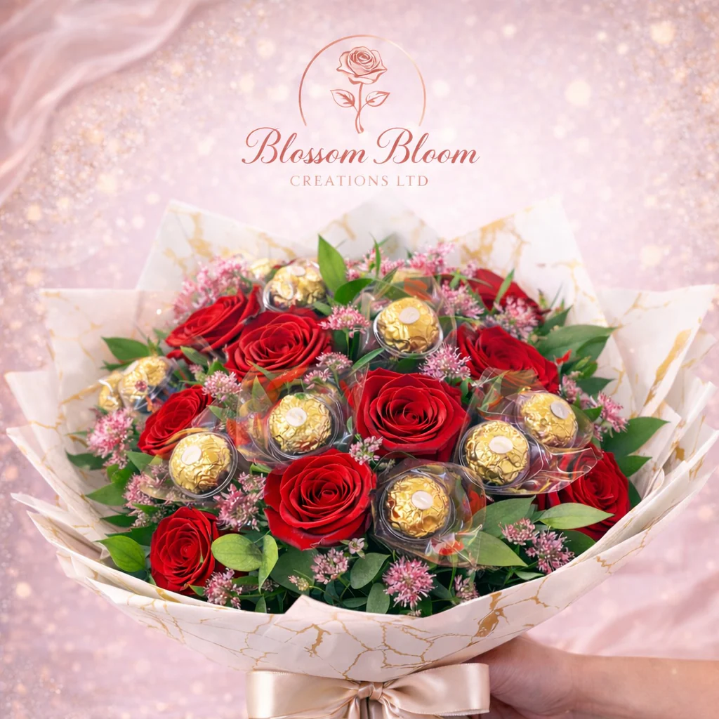 Golden Blush Rose & Chocolate Bouquet - Image 3