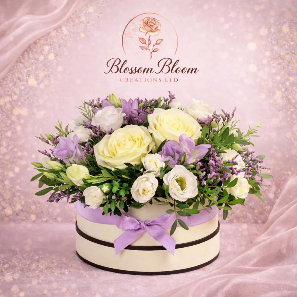 Lavender Elegance Hatbox Flower Arrangement - Image 2