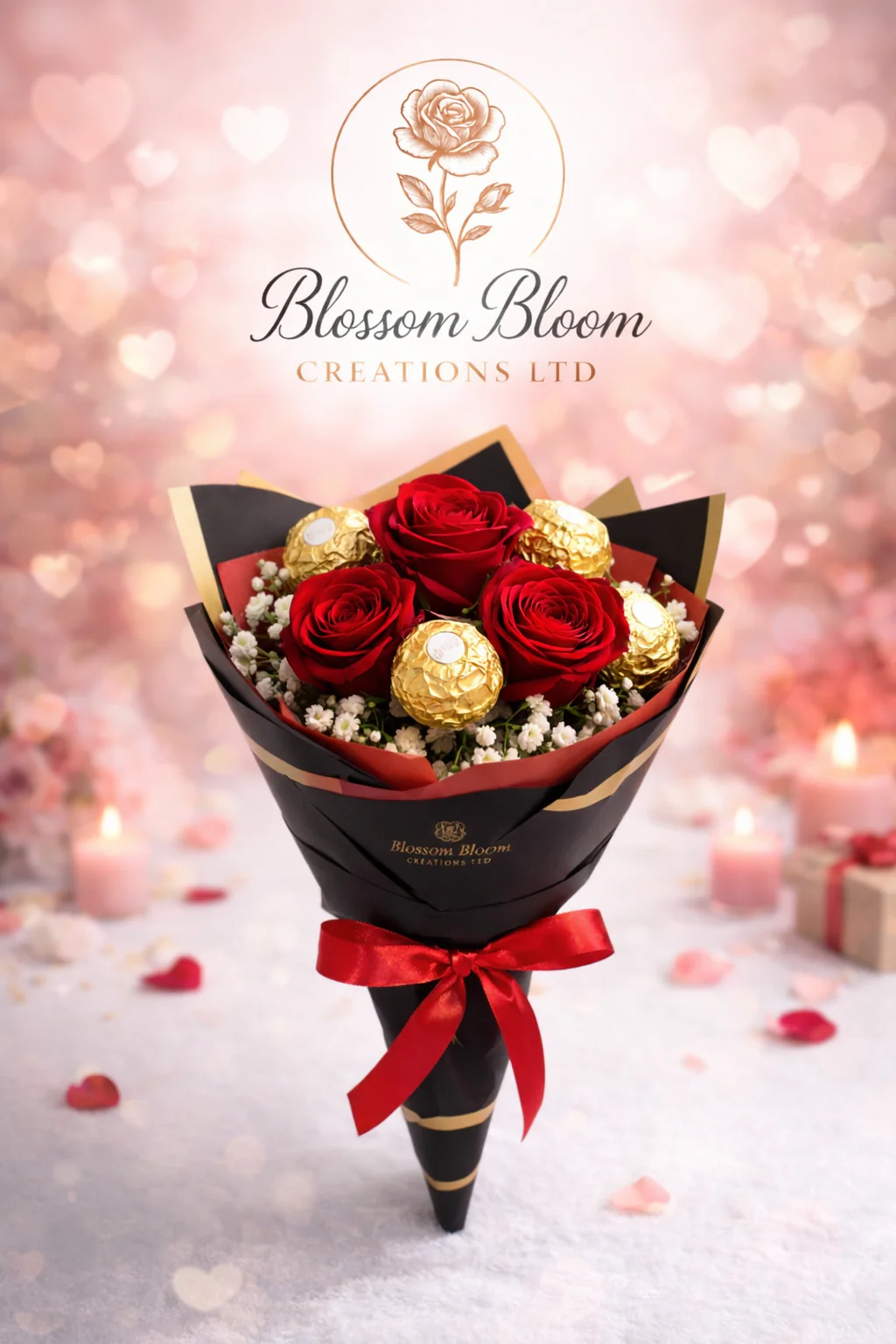 Luxury Red Rose Gypsophila And Ferrero Rocher Bouquet - Image 2